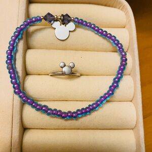 Disney Purple and Blue Beaded Bracelet with Silver Mickey Ring